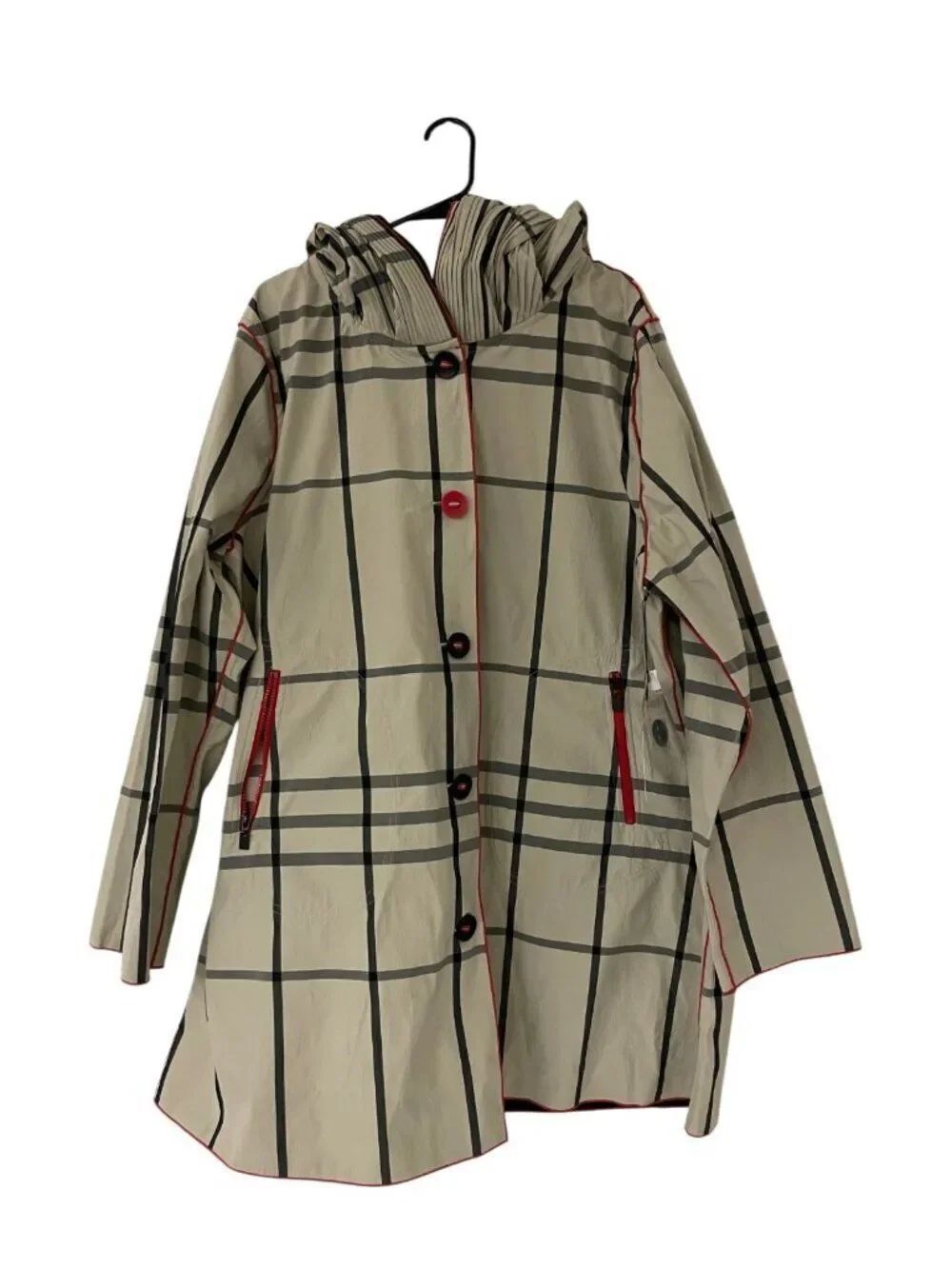 Ubu Womens Reversible Parisian Raincoat 2X beige Plaid Black Button-Front NWT